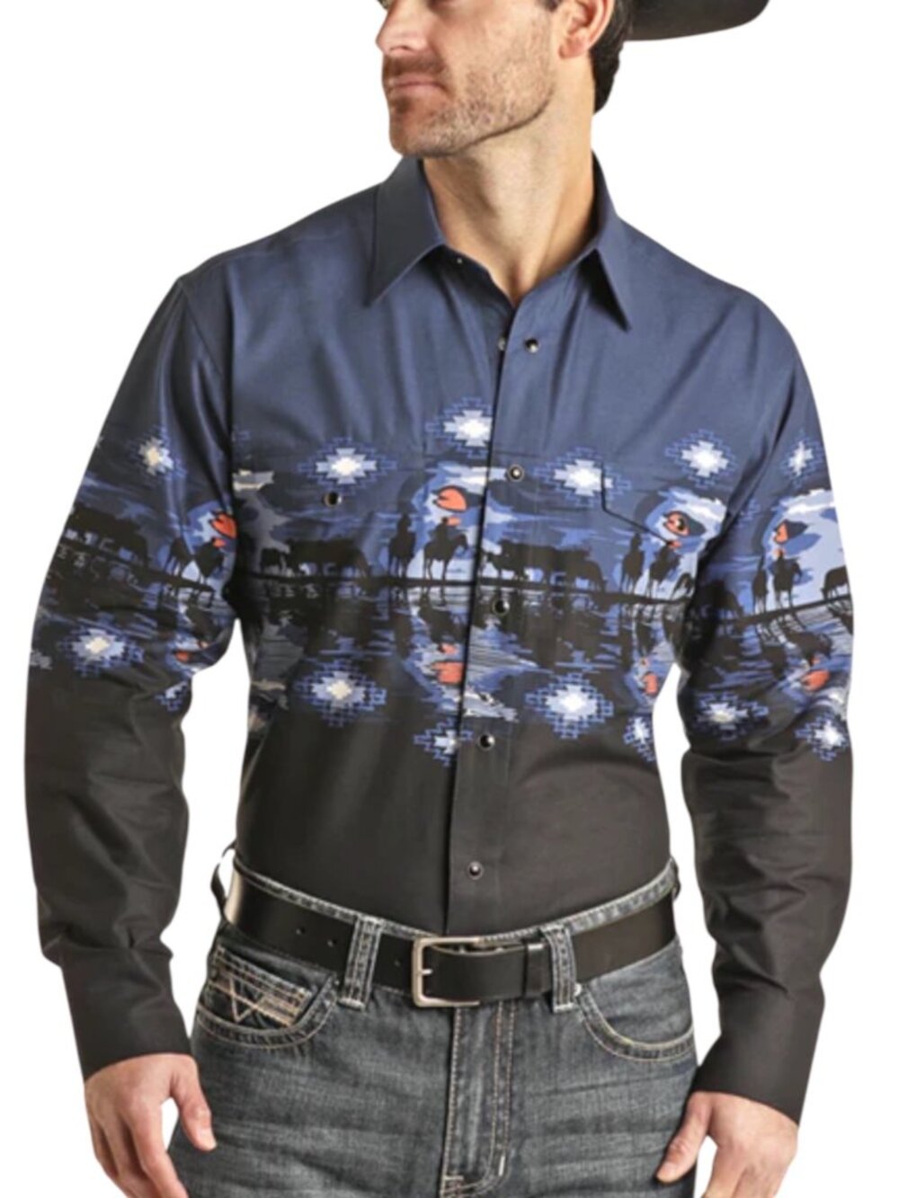 Panhandle Western Pearl Snap Shirt L Blue Cowboy Border Long Sleeve NEW